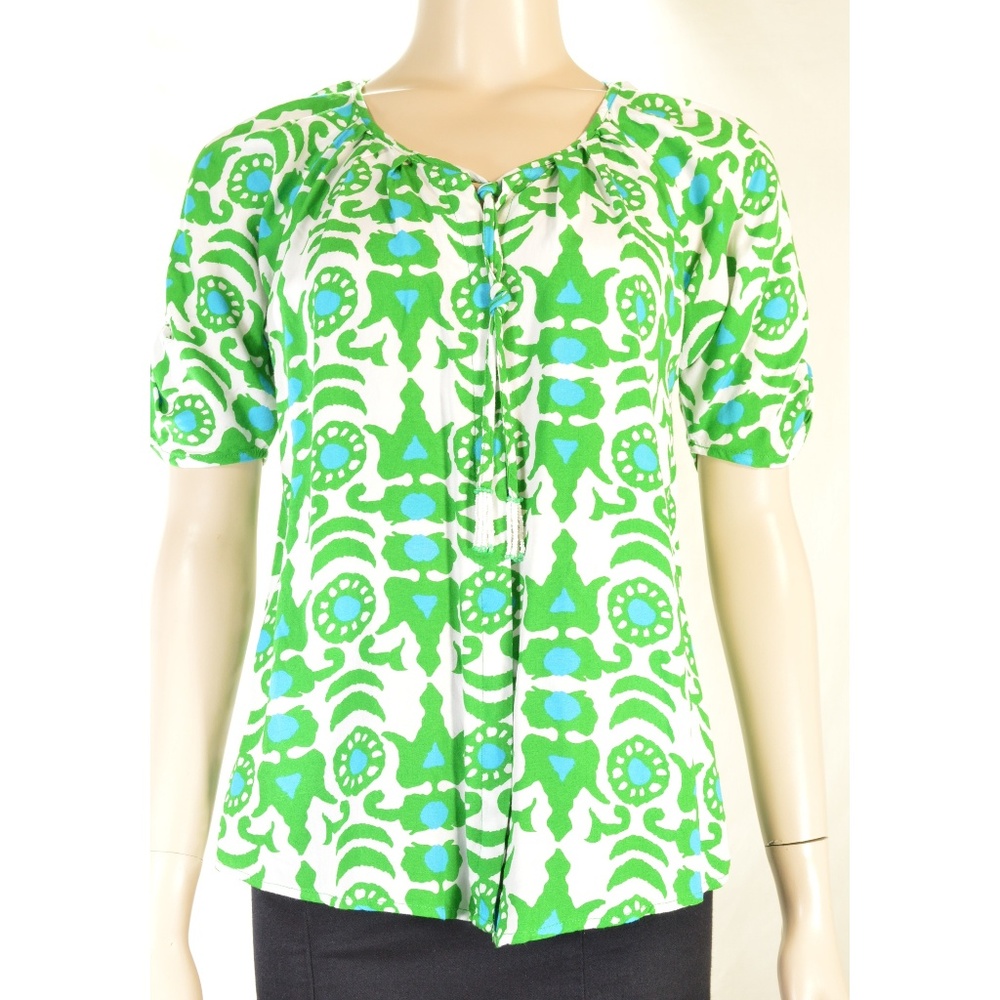 escapada top SZ M white green blue abstract print